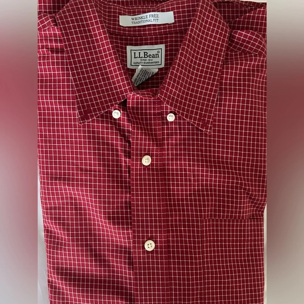 LL Bean Shirt Mens Medium Dark Red Gingham Lakeside Performance Slightly Fitted - Picture 8 of 8